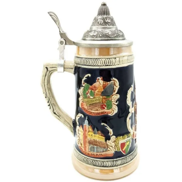 Chope à Bière droite en Faience couvercle en étain et Villes d'Alsace 50 cl