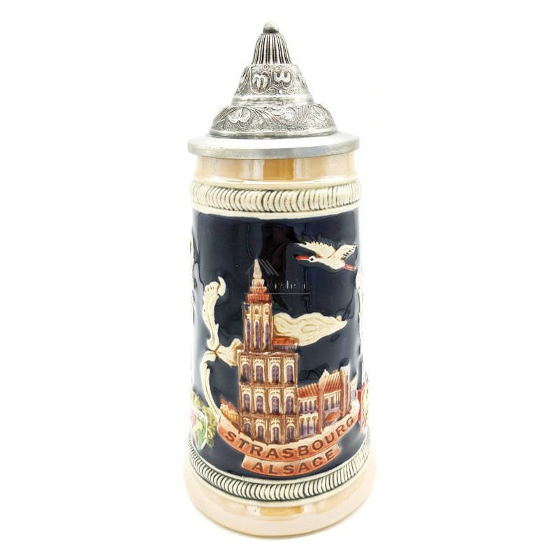Gerader Bierkrug aus Steingut mit Zinndeckel und Elsässer Städten 50 cl
