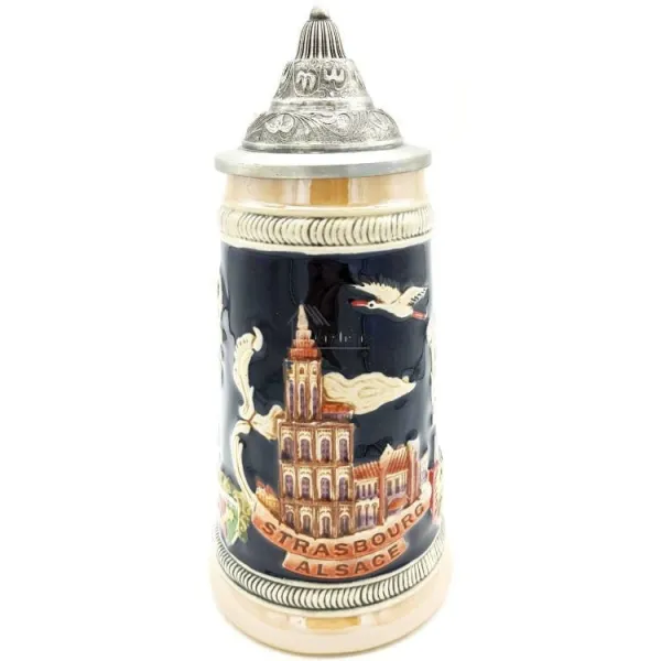 Straight Beer Mug in Earthenware with pewter lid and Alsatian Cities 50 cl