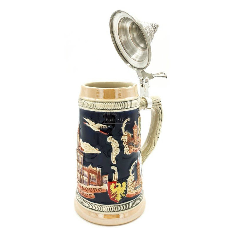 Gerader Bierkrug aus Steingut mit Zinndeckel und Elsässer Städten 50 cl