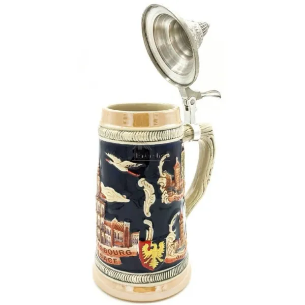 Gerader Bierkrug aus Steingut mit Zinndeckel und Elsässer Städten 50 cl