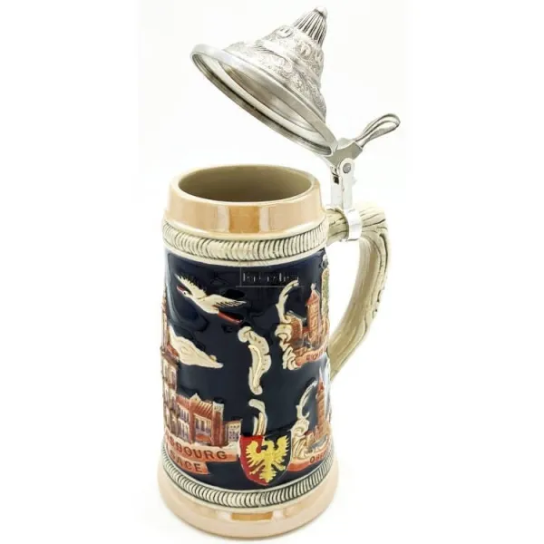 Chope à Bière droite en Faience couvercle en étain et Villes d'Alsace 50 cl