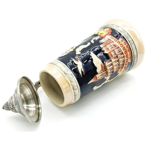 Gerader Bierkrug aus Steingut mit Zinndeckel und Elsässer Städten 50 cl