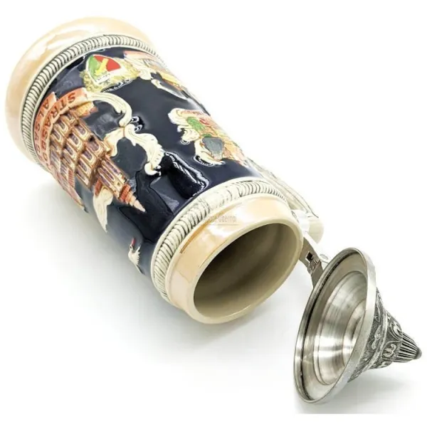 Chope à Bière droite en Faience couvercle en étain et Villes d'Alsace 50 cl