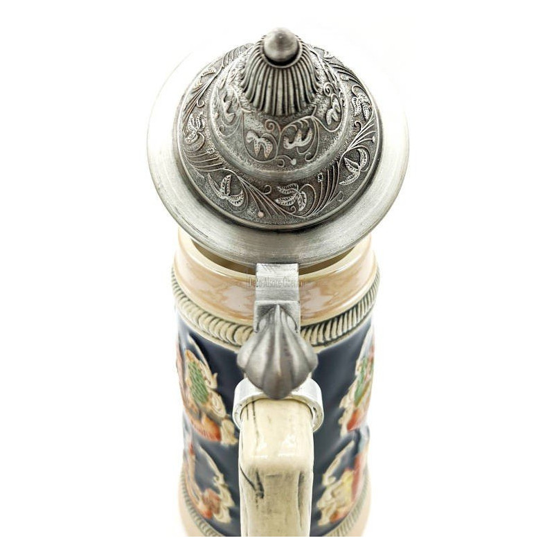 Gerader Bierkrug aus Steingut mit Zinndeckel und Elsässer Städten 50 cl