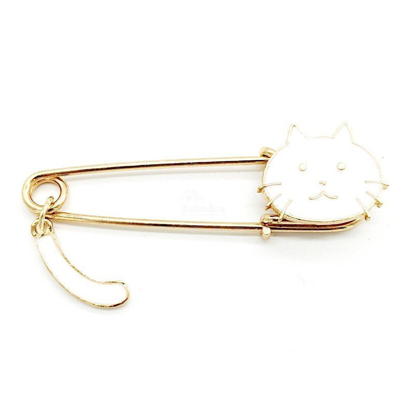 Broche Épingle à Nourrice Fantaisie dorée Chat blanc