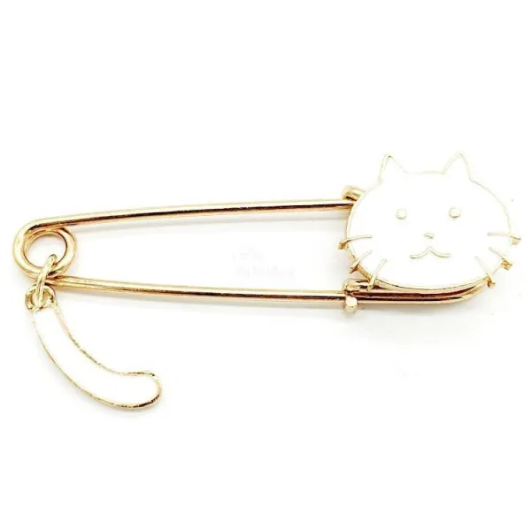 Broche Épingle à Nourrice Fantaisie dorée Chat blanc