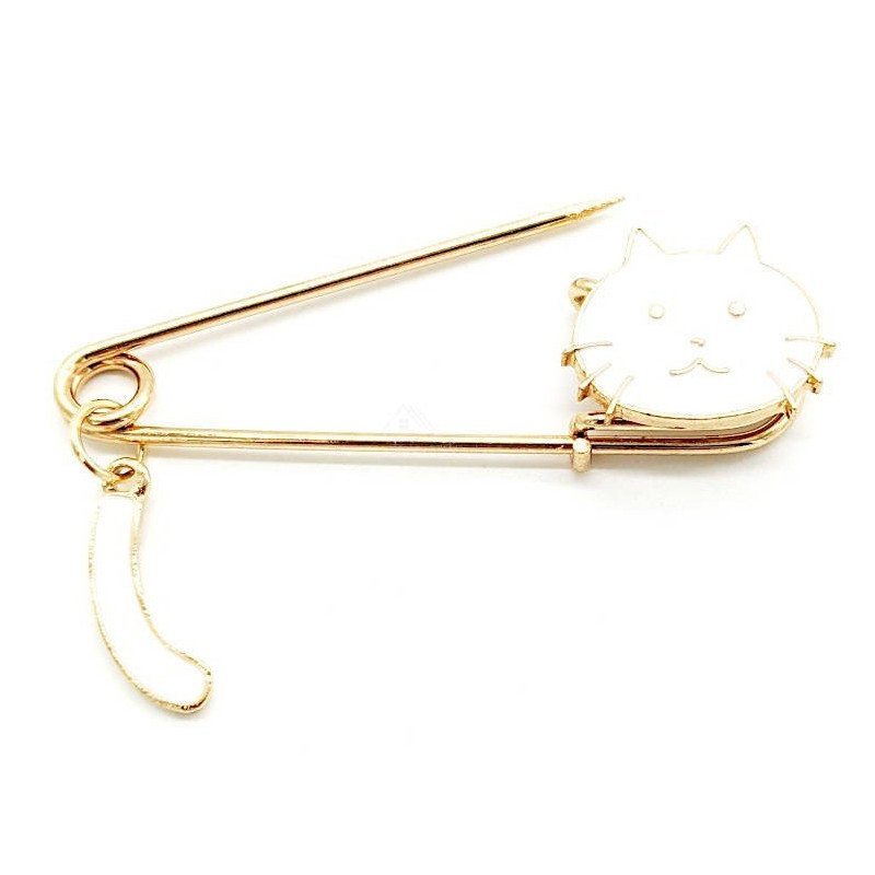 Broche Épingle à Nourrice Fantaisie dorée Chat blanc