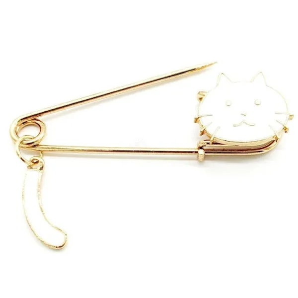 Broche Épingle à Nourrice Fantaisie dorée Chat blanc
