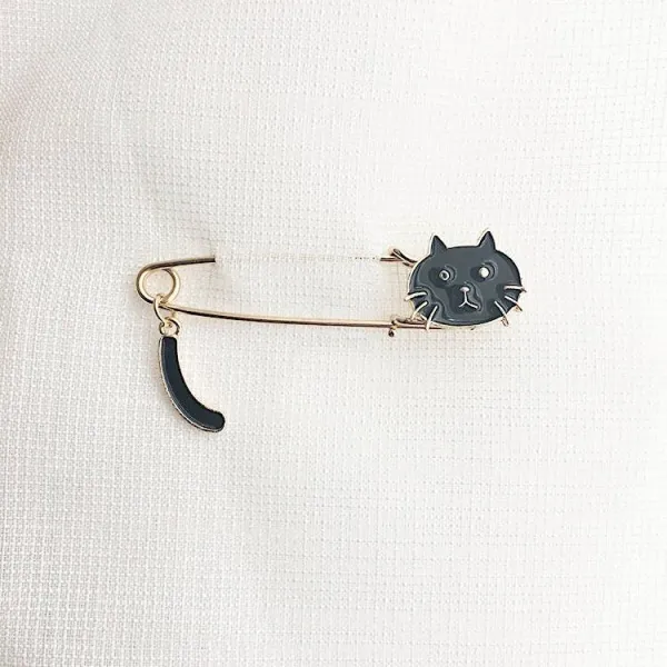 Fancy Gold Cat Pin Brooch Black Cat