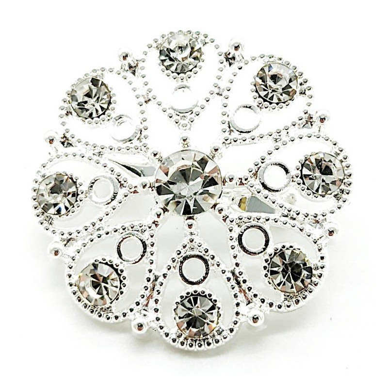 Broche Fantaisie argentée motif floral sertie de Strass