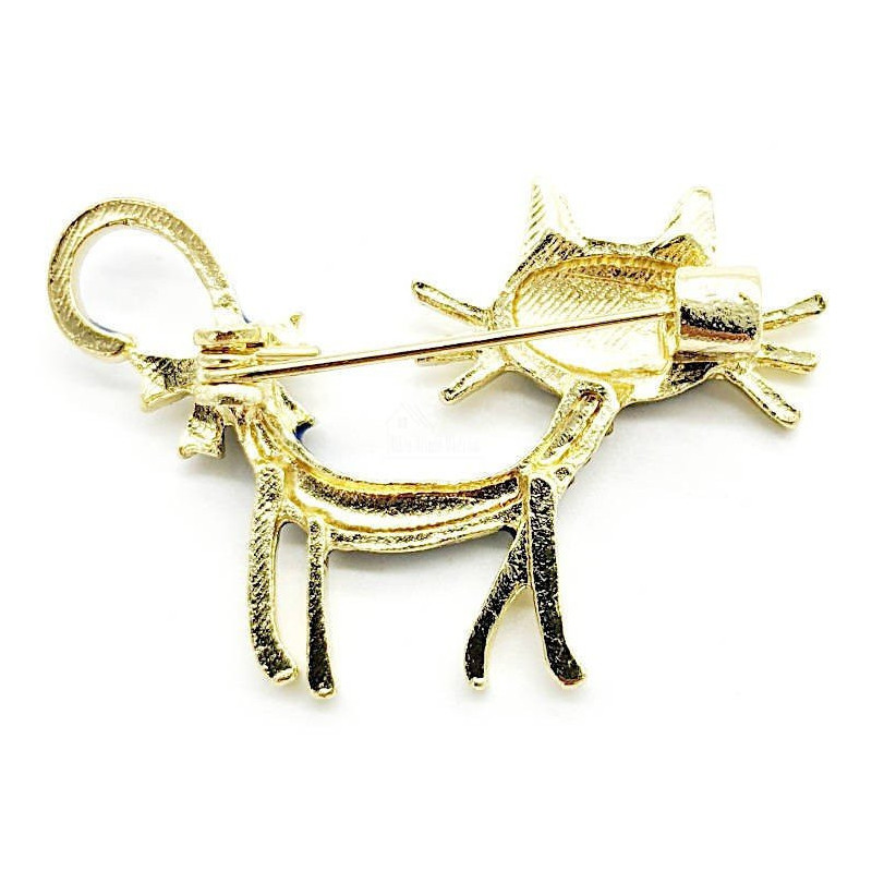 Fancy metal brooch with blue cat and rhinestones