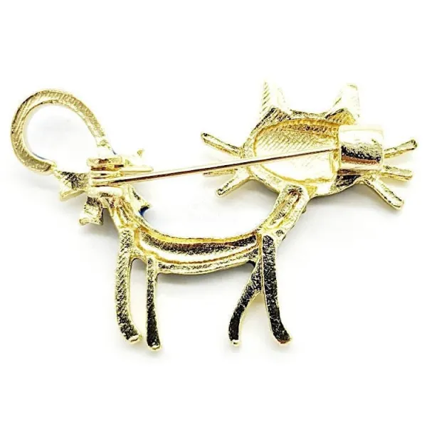 Broche Fantaisie métal dorée Chat bleu et Strass
