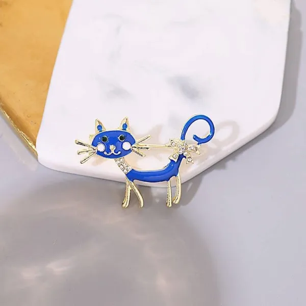 Broche Fantaisie métal dorée Chat bleu et Strass