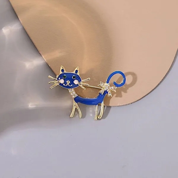 Broche Fantaisie métal dorée Chat bleu et Strass