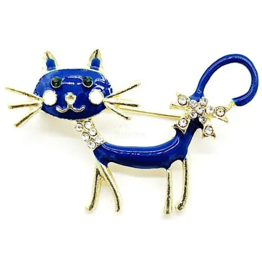 Broche Fantaisie métal dorée Chat bleu et Strass