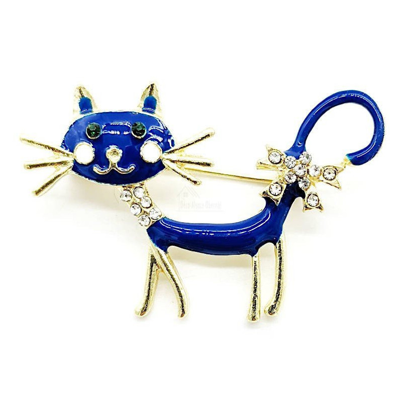 Fancy metal brooch with blue cat and rhinestones