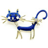 Fancy metal brooch with blue cat and rhinestones