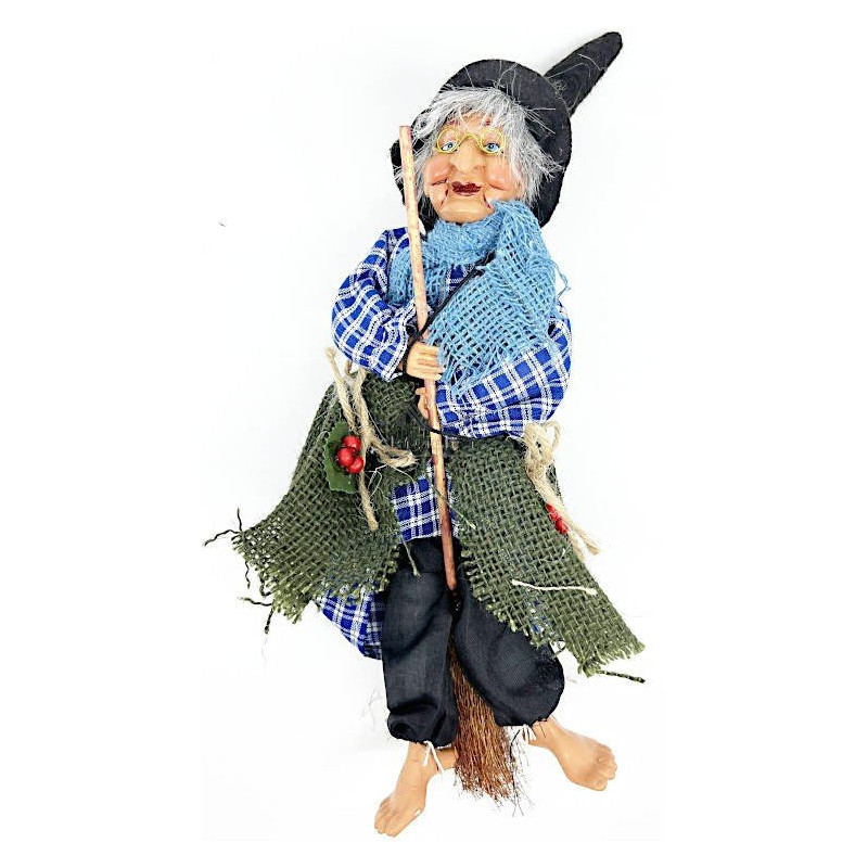 Sorcière d'Alsace à suspendre avec Lunette et robe quadrillée bleue 30 cm