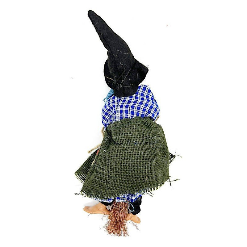 Sorcière d'Alsace à suspendre avec Lunette et robe quadrillée bleue 30 cm