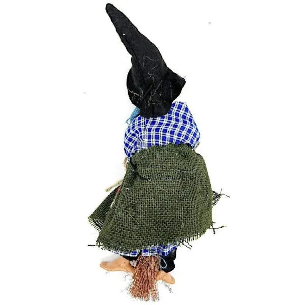 Hexe aus dem Elsass zum Aufhängen mit Brille und blau kariertem Kleid 30 cm