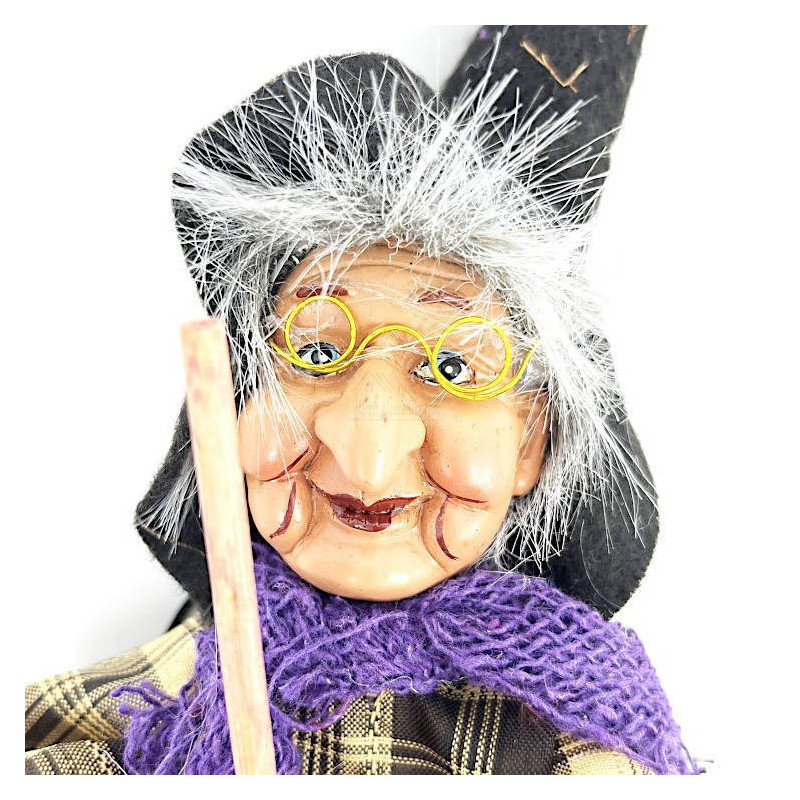 Alsatian Witch to hang with glasses and beige checkered dress 30 cm