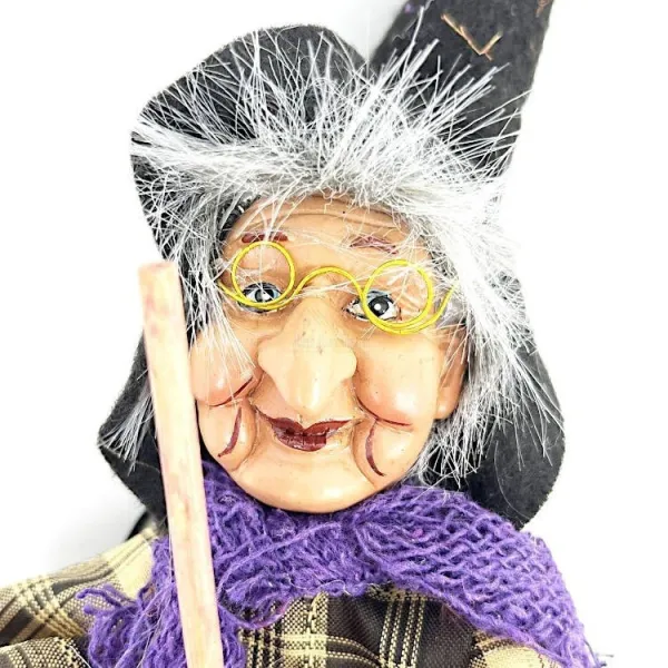 Alsatian Witch to hang with glasses and beige checkered dress 30 cm