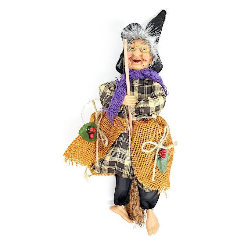 Sorcière d'Alsace à suspendre avec Lunette et robe quadrillée beige 30 cm