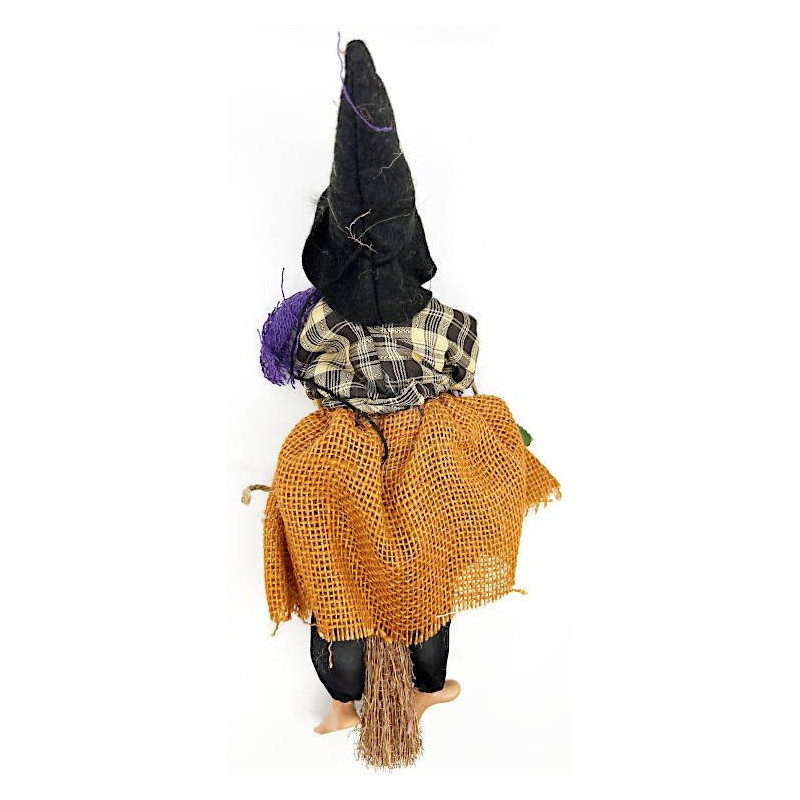 Sorcière d'Alsace à suspendre avec Lunette et robe quadrillée beige 30 cm