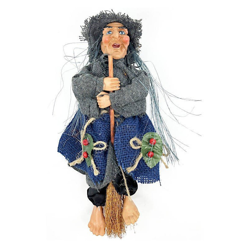Elsässische Hexe zum Aufhängen mit grauer Weste und blauem Kleid 27 cm