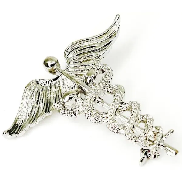 Fantasiebrosche Silberner Caduceus aus Metall