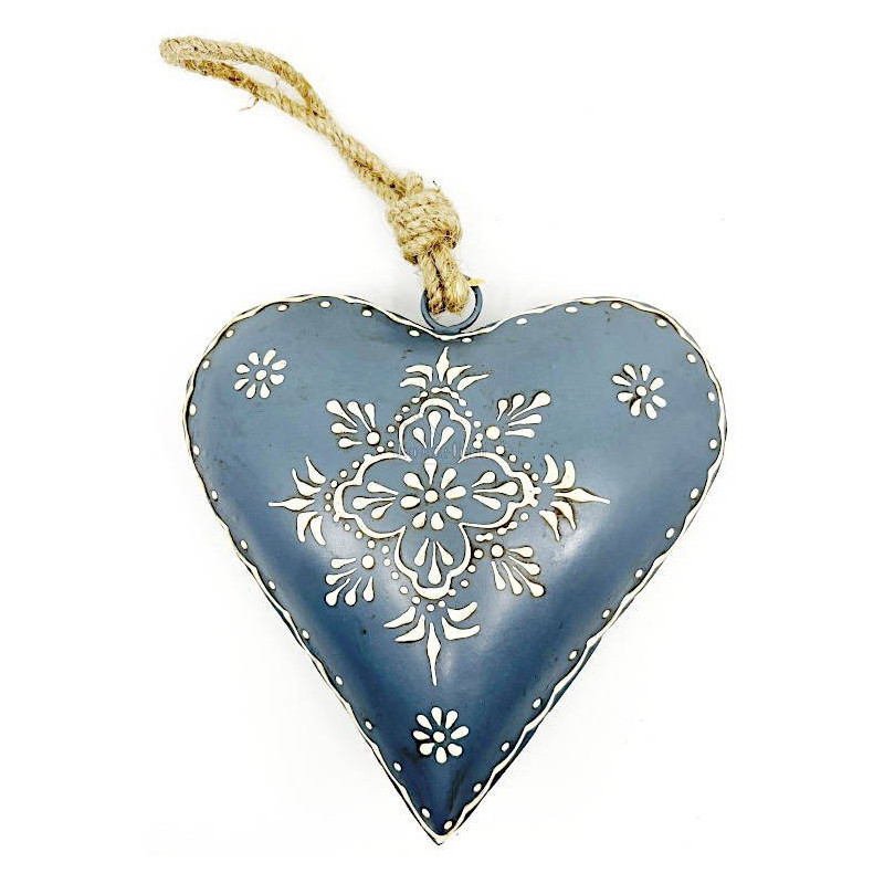 Hand Painted Blue Grey Metal Heart of Alsace 15 cm
