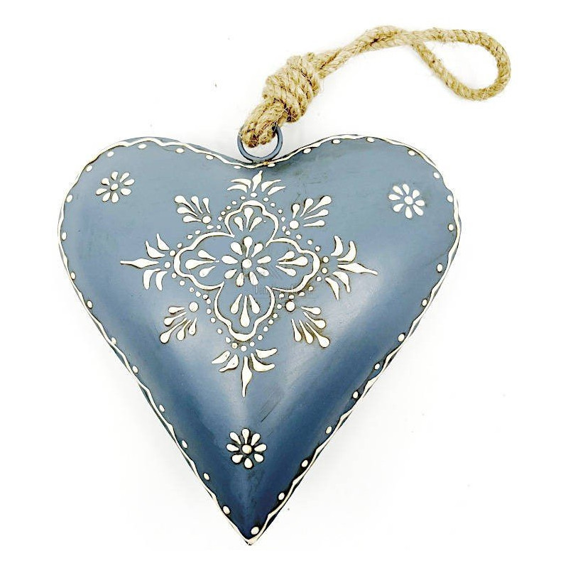 Hand Painted Blue Grey Metal Heart of Alsace 15 cm
