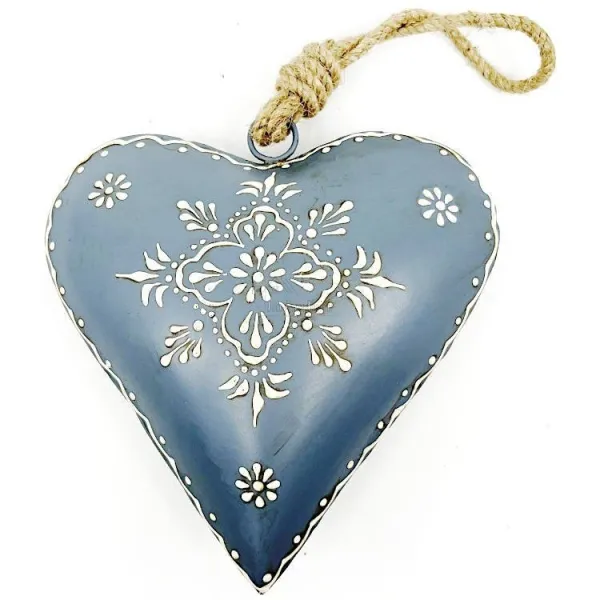 Coeur d'Alsace en Métal bleu gris peint à la Main 15 cm