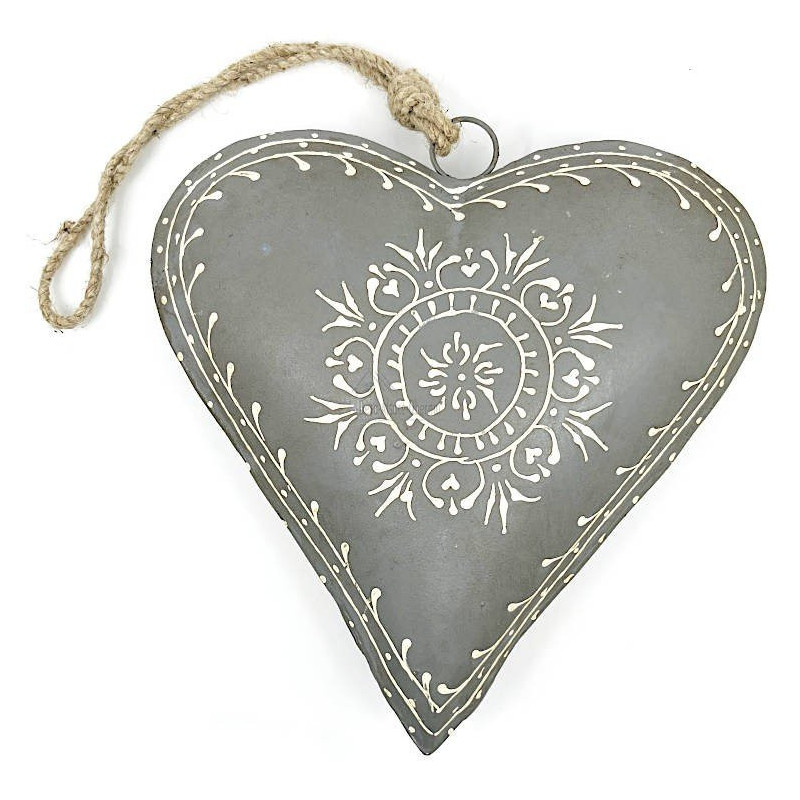 Grand Coeur d'Alsace en Métal gris peint à la Main 21 cm