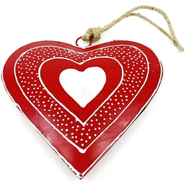 Coeur d'Alsace en Métal rouge pois blanc peint à la Main 16 cm