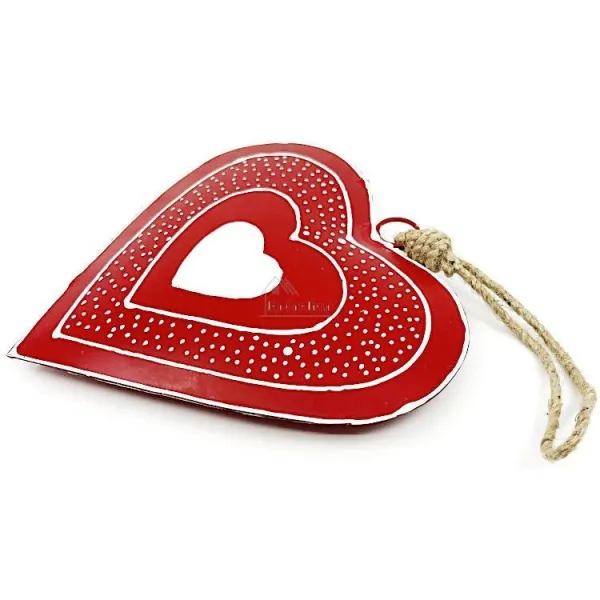 Coeur d'Alsace en Métal rouge pois blanc peint à la Main 16 cm
