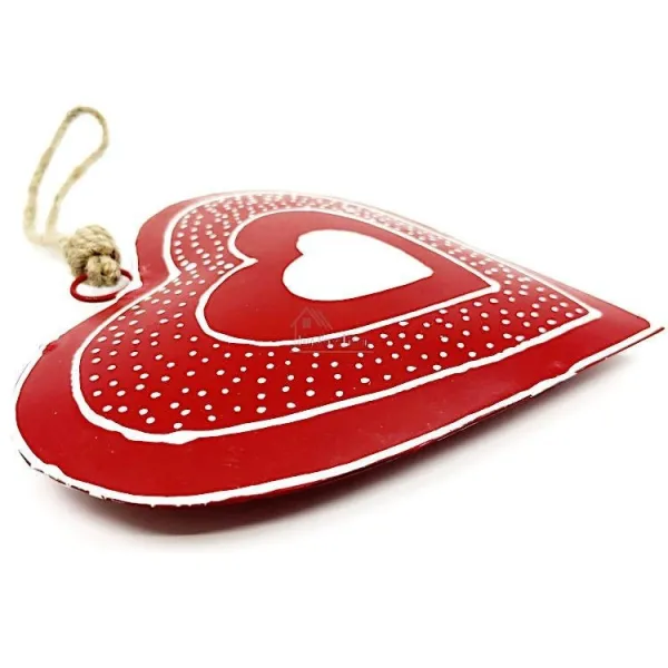 Coeur d'Alsace en Métal rouge pois blanc peint à la Main 16 cm