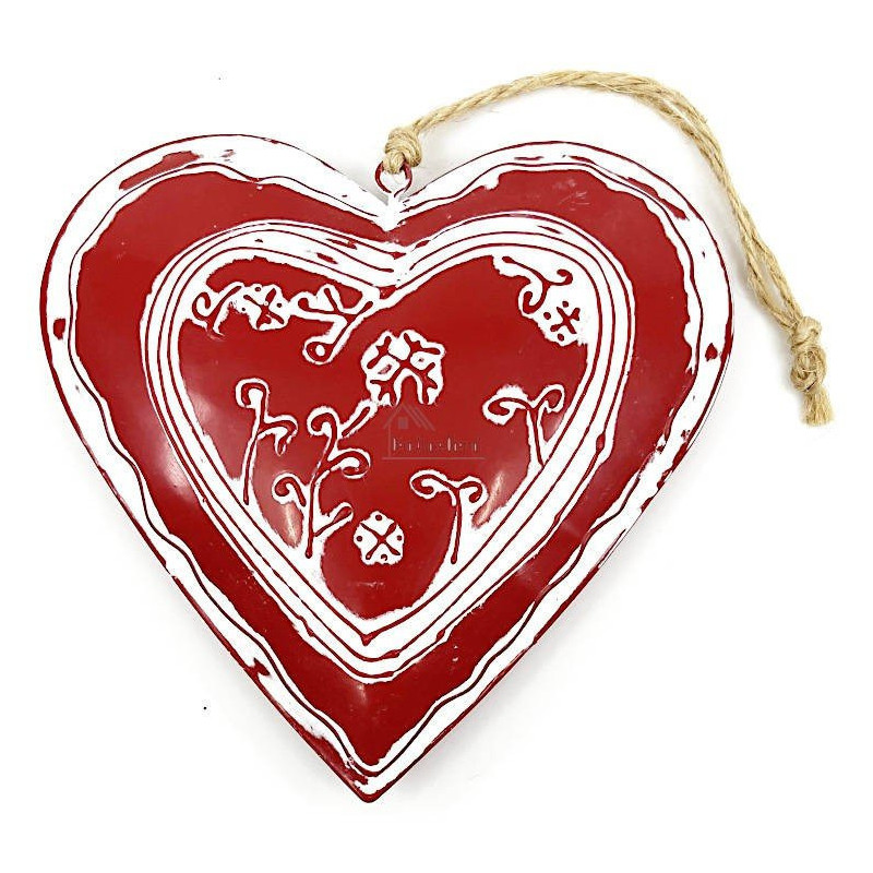 Coeur d'Alsace en Métal rouge et blanc en relief peint à la Main 16 cm