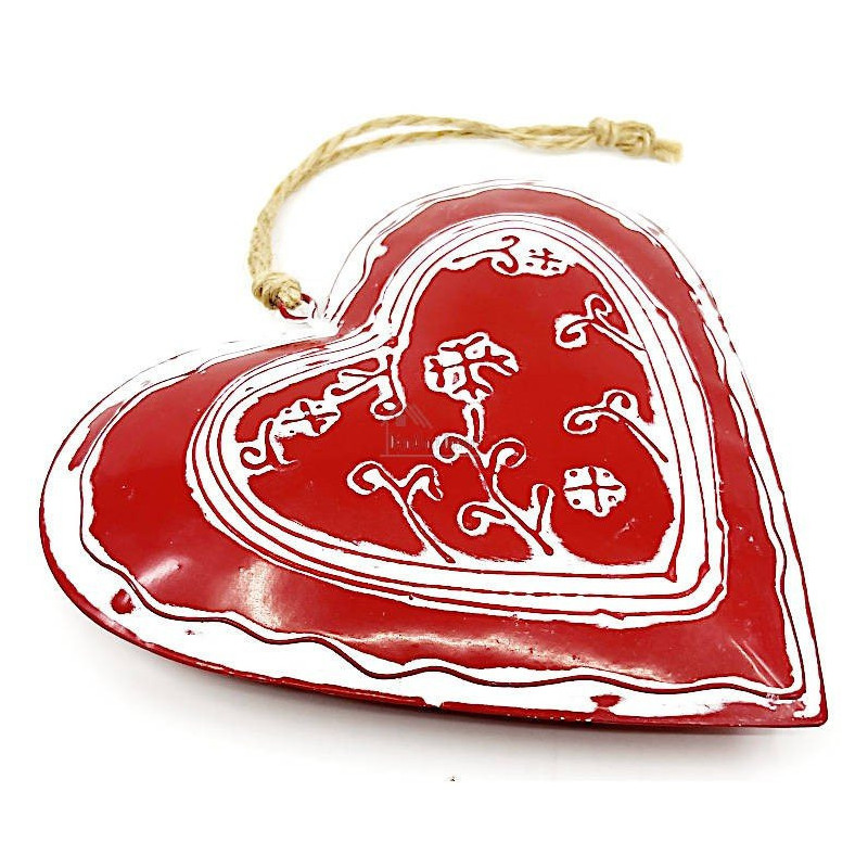Coeur d'Alsace en Métal rouge et blanc en relief peint à la Main 16 cm