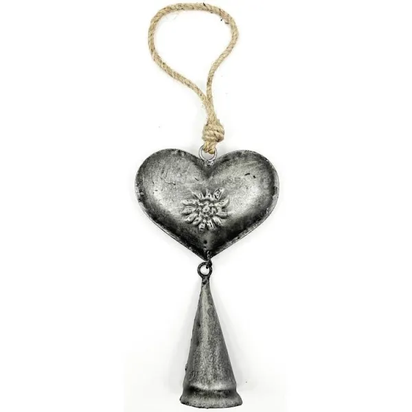 Elsässer Herz aus grauem Metall Maïka mit Glöckchen 28 cm