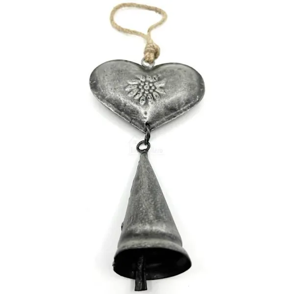 Elsässer Herz aus grauem Metall Maïka mit Glöckchen 28 cm