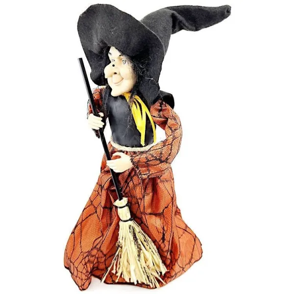 Stehende elsässische Hexe mit ockerfarbenem Satinkleid 36 cm