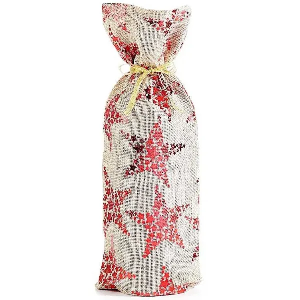 Beige fabric bottle bag with decorations and ribbon