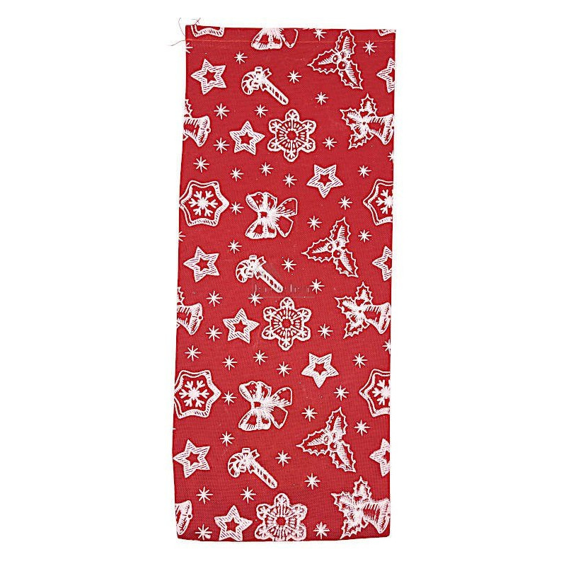 Red fabric bottle bag with decorations and ribbon