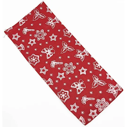 Red fabric bottle bag with decorations and ribbon