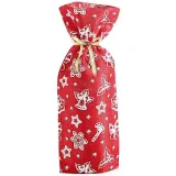 Red fabric bottle bag with decorations and ribbon
