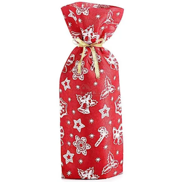 Red fabric bottle bag with decorations and ribbon