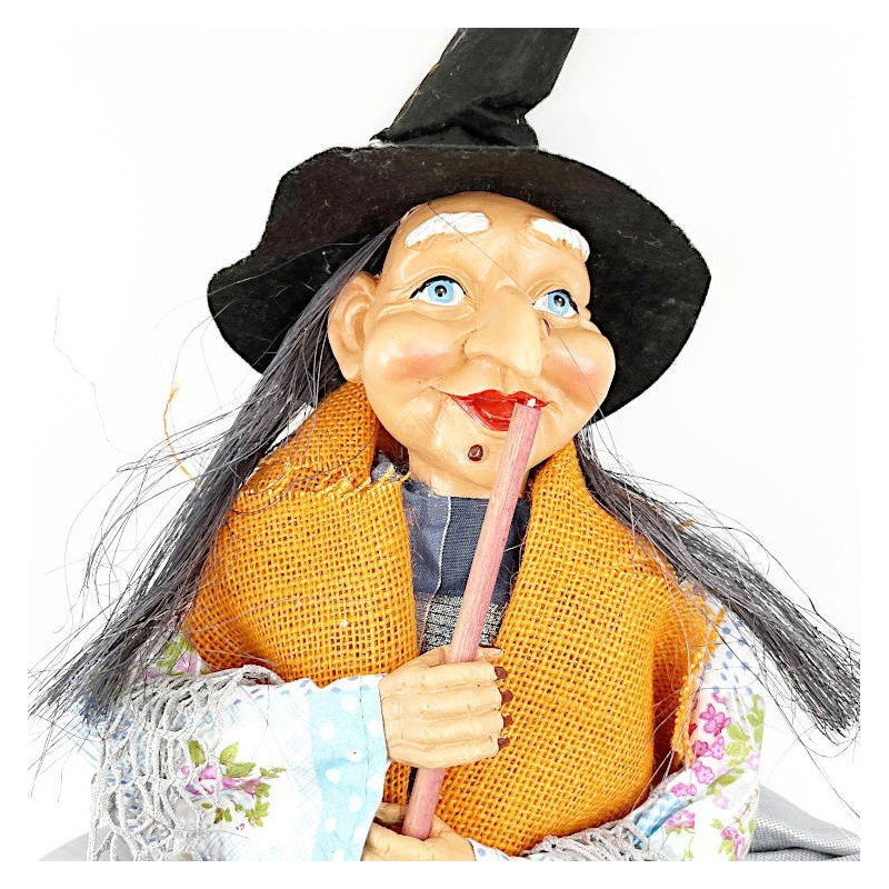 Sorcière d'Alsace debout avec robe à franges bleues 85 cm
