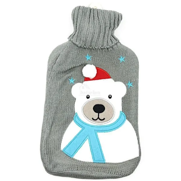 Bouillotte à eau tricot gris brodé décor Ours